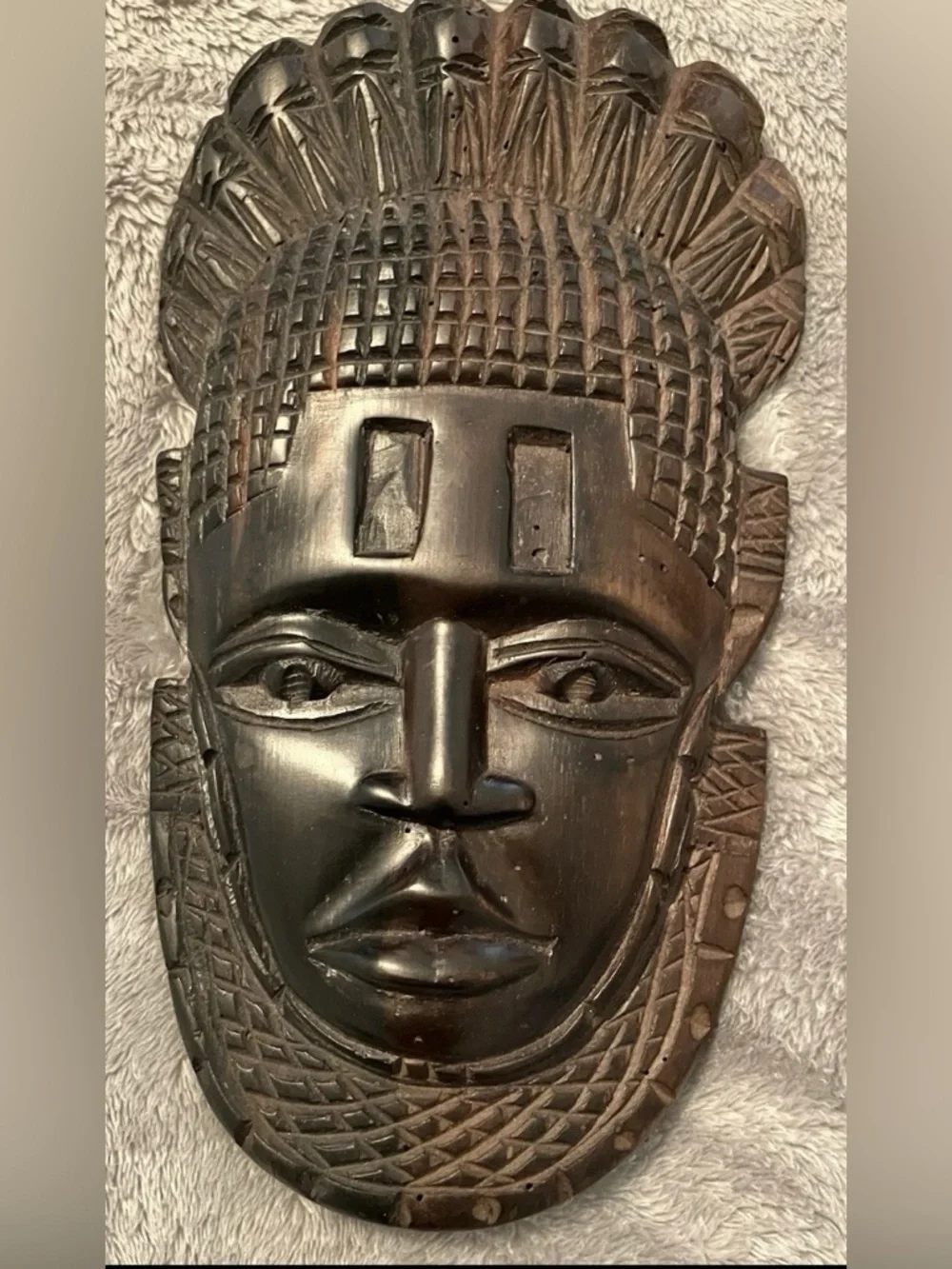 Vintage African Nigerian Hand Carved Wooden Face Mask Wall Art Queen Idia Benin